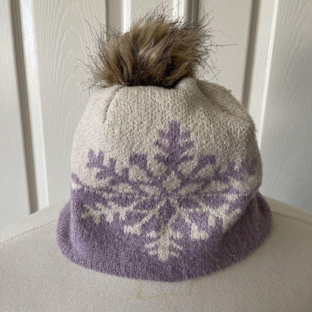 Christian Siriano Womens Beanie Hat Faux Fur Colorblock Snowflake Winter Snow